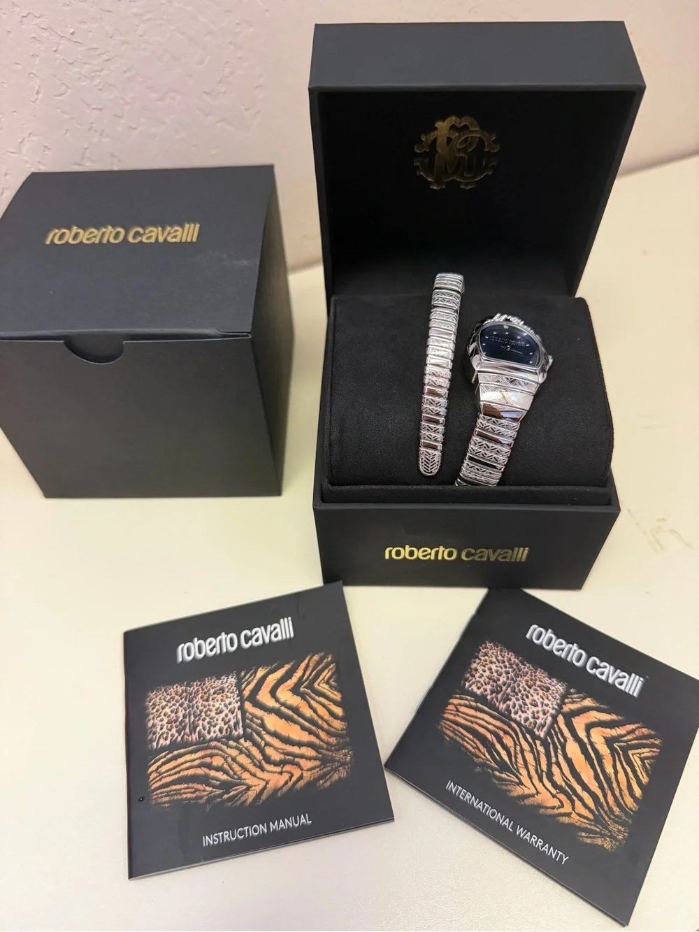 Roberto Cavalli Snake Wrap Watch Blue Dial Silver Crystal Box